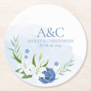 Posavasos Redondo De Papel Boda floral azul acuático moderno