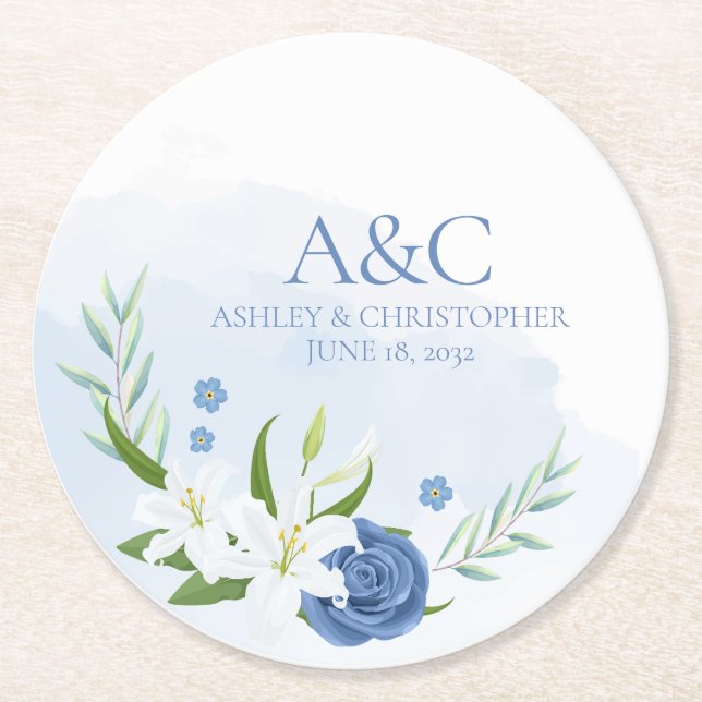 Posavasos Redondo De Papel Boda floral azul acuático moderno (Anverso)