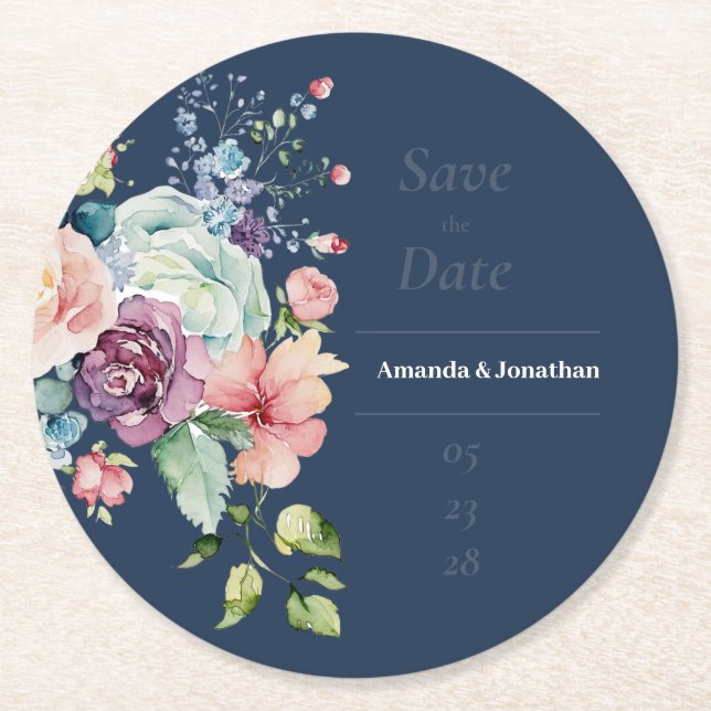 Posavasos Redondo De Papel Boda floral azul marina salva la fecha (Anverso)