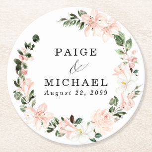 Posavasos Redondo De Papel Boda Floral Blanco Rosa Rústico Boho
