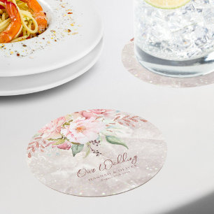 Posavasos Redondo De Papel Boda Floral de Mármol de Rosa Peonía Rosa Elegante