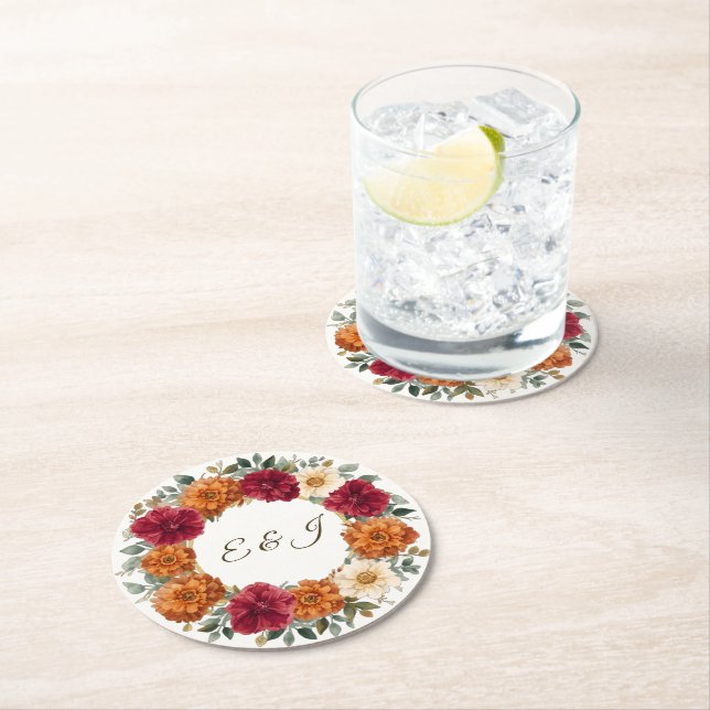 Posavasos Redondo De Papel Boda floral de otoño rústico personalizado (In situ)