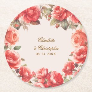 Posavasos Redondo De Papel Boda floral de rosas rojas en acuarela romántica