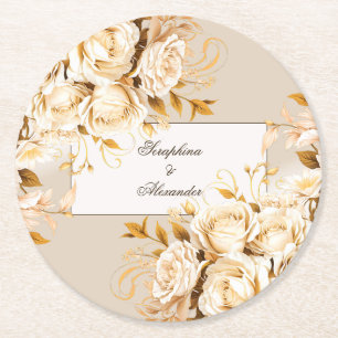 Posavasos Redondo De Papel Boda floral elegante de oro y marfil