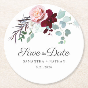 Posavasos Redondo De Papel Boda Floral Eucalipto Rosa Guardar la Fecha