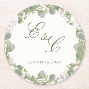 Posavasos Redondo De Papel Boda Floral Monograma Elegante Marfil Verde Salvia