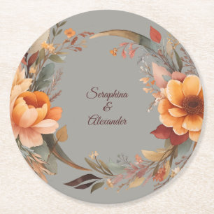 Posavasos Redondo De Papel Boda Floral Rústica Acuarela de Otoño
