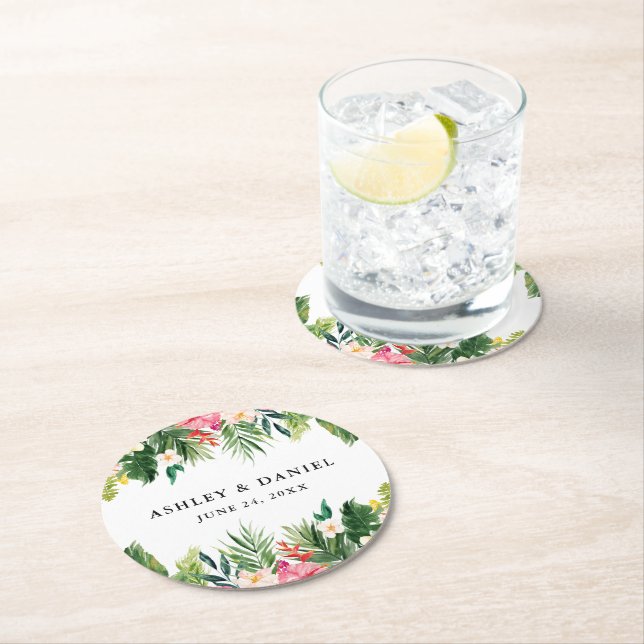 Posavasos Redondo De Papel Boda floral tropical acuática (In situ)