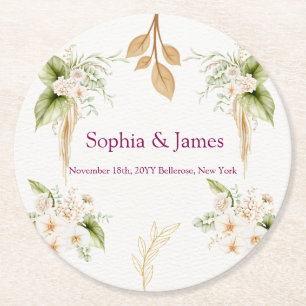 Posavasos Redondo De Papel Boda geométrica floral dorada con rubor
