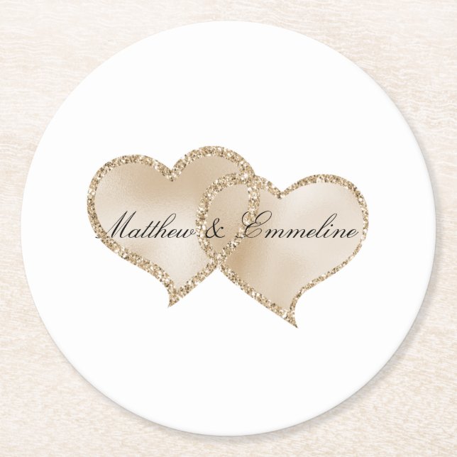 Posavasos Redondo De Papel Boda Glitz Hearts Purpurina Gold Luxe (Anverso)