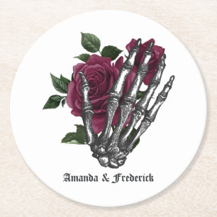 Posavasos Redondo De Papel Boda Gótica de Halloween con Floral de Borgoña Esq