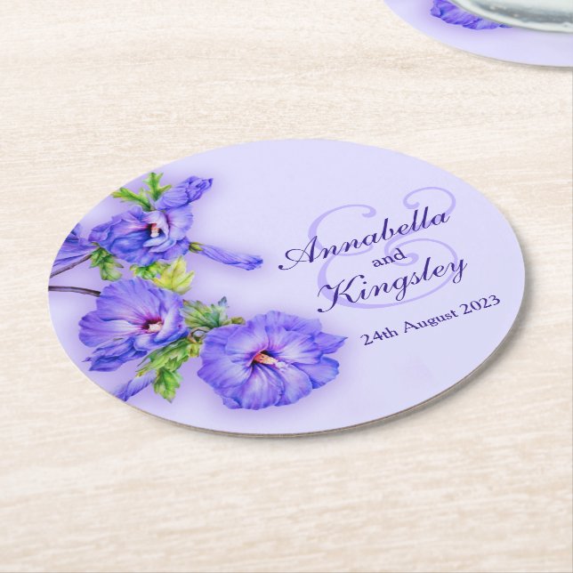 Posavasos Redondo De Papel Boda hibiscus azul acuarela (En perspectiva)