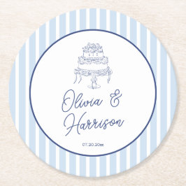 Posavasos Redondo De Papel Boda Minimalista con Raya de Cabana Azul