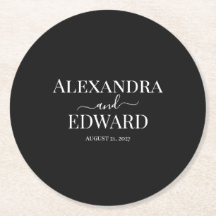 Posavasos Redondo De Papel Boda Minimalista Personalizada en Blanco y Negro