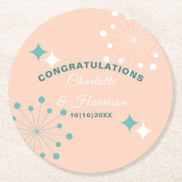 Posavasos Redondo De Papel Boda Moderna de Estrella Atómica de Mitad de Siglo