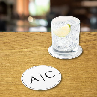 Posavasos Redondo De Papel Boda Monograma blanco minimalista