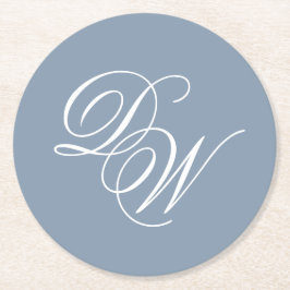 Posavasos Redondo De Papel Boda Monograma Dusty Blue Elegant Script Simple