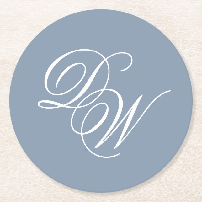 Posavasos Redondo De Papel Boda Monograma Dusty Blue Elegant Script Simple (Anverso)