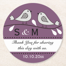 Posavasos Redondo De Papel Boda Monograma Gracias Pájaros De Amor Púrpura