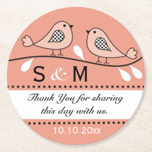 Posavasos Redondo De Papel Boda Monograma Gracias Peach Love Birds