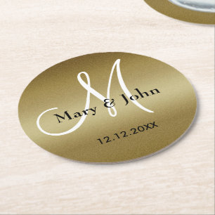Posavasos Redondo De Papel Boda Monograma Gracias Shimmery Gold