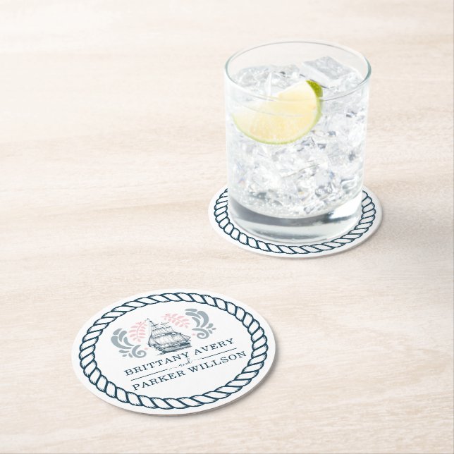 Posavasos Redondo De Papel Boda Náutico Personalizado Moderno (In situ)