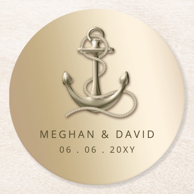 Posavasos Redondo De Papel Boda Náutico Rústico Vintage (Anverso)