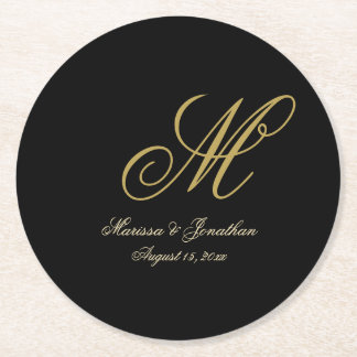 Posavasos Redondo De Papel Boda negro con guión monograma dorado de moda