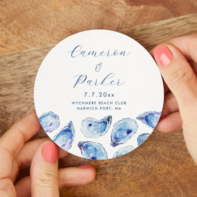 Posavasos Redondo De Papel Boda Oyster Blue Watercolor (Oyster Watercolor Drink Coaster for an elegant blue coastal wedding from Concertina Press)