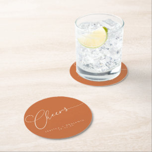 Posavasos Redondo De Papel Boda personalizada Cheers Minimal quemado naranja