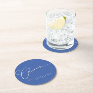 Posavasos Redondo De Papel Boda personalizada con guión francés azul minimali