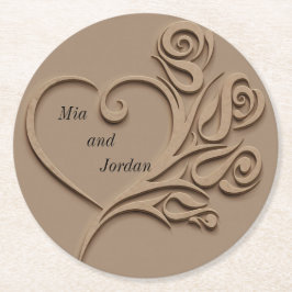 Posavasos Redondo De Papel Boda Personalizado de Classic Heart Taupe