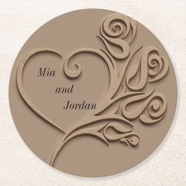 Posavasos Redondo De Papel Boda Personalizado de Classic Heart Taupe (Anverso)