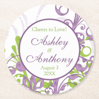 Posavasos Redondo De Papel Boda personalizado de la floral verde púrpura