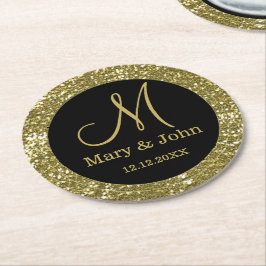 Posavasos Redondo De Papel Boda personalizado Monograma Purpurina Gold