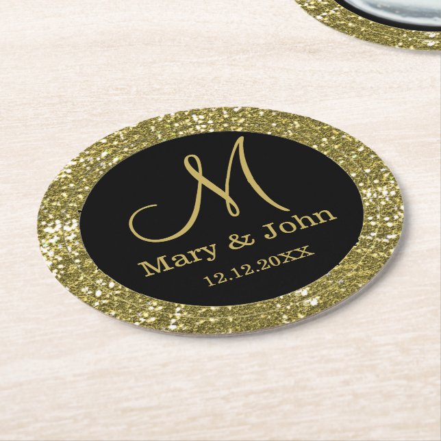 Posavasos Redondo De Papel Boda personalizado Monograma Purpurina Gold (En perspectiva)