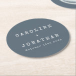 Posavasos Redondo De Papel Boda retro Minimalista de máquina de escribir azul<br><div class="desc">Maquinaria Minimalista retro Tipo de letra Maqueta de papel redondo de casamiento personalizado en azul turbio oscuro</div>
