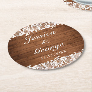 Posavasos Redondo De Papel Boda Rustic Wood & White Lace