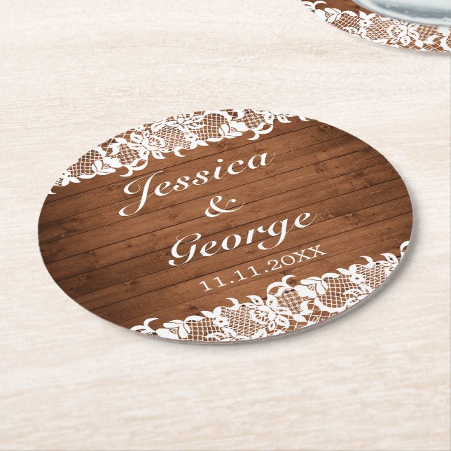 Posavasos Redondo De Papel Boda Rustic Wood & White Lace (En perspectiva)