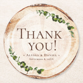 Posavasos Redondo De Papel Boda Rústico Botánico de Grano de Madera Gracias