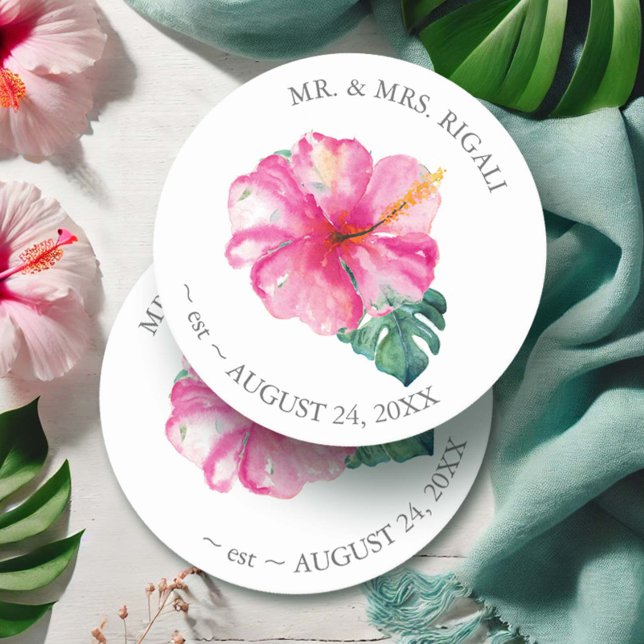 Posavasos Redondo De Papel Boda Tropical Hibiscus Flower (Wedding coasters for favors watercolor pink hibiscus flowers art Victoria Grigaliunas DoTellABelle)