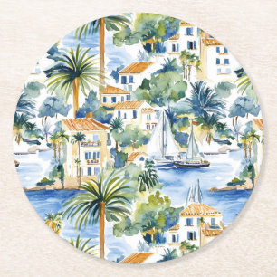 Posavasos Redondo De Papel Boda Tropical Mediterráneo