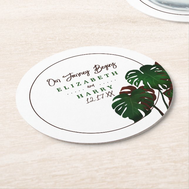 Posavasos Redondo De Papel Boda Tropical Monstera Beach (En perspectiva)