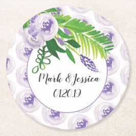 Posavasos Redondo De Papel Boda Verde Acuarela Floral Mano Púrpura