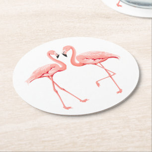 Posavasos Redondo De Papel Bodas Tropicales de Flamencos Rosas, Fiesta, Luau