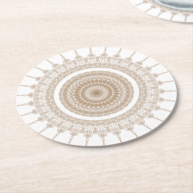 Posavasos Redondo De Papel Boho blanco bohemiano de Mandala (En perspectiva)