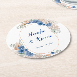 Posavasos Redondo De Papel Boho Blue Pampas Grass Wedding