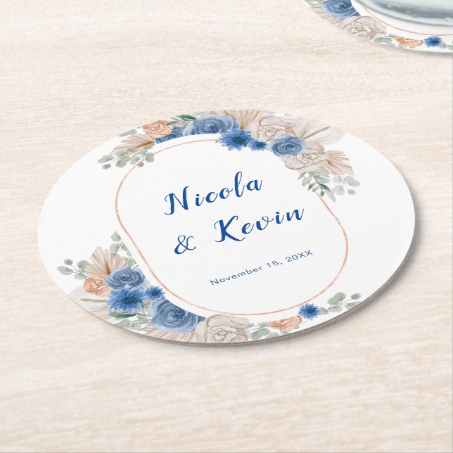 Posavasos Redondo De Papel Boho Blue Pampas Grass Wedding (En perspectiva)