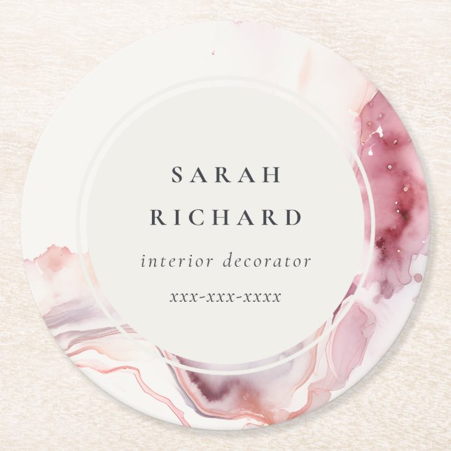 Posavasos Redondo De Papel Boho Dusky Pink Red Watercolor Abstract Agate (Anverso)