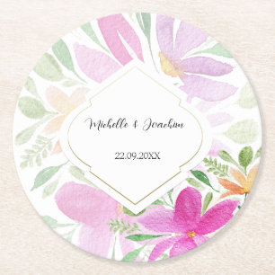 Posavasos Redondo De Papel Boho Floral Acuarela Rosa Pintada a Mano